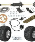 28 Inch Rear Axle Complete Kit With Foot Brake, 11x7.10-5 Go Kart Wheels And Knobby Tires, 428 Chain Sprocket shown unpacked