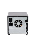 Rear view of 4 Bay DIY NAS Case showing 8cm chassis fan and backplane for Mini ITX motherboard support, flex PSU, hot swap capability.