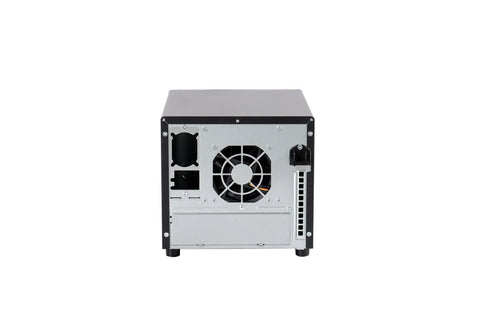 Rear view of 4 Bay DIY NAS Case showing 8cm chassis fan and backplane for Mini ITX motherboard support, flex PSU, hot swap capability.
