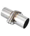 Stainless Steel Exhaust Flange Repair Pipe Kit 3 Inch OD With Gasket Bolts And Nuts Quick Grip Fit undercarriage muffler joiner tube close-up.