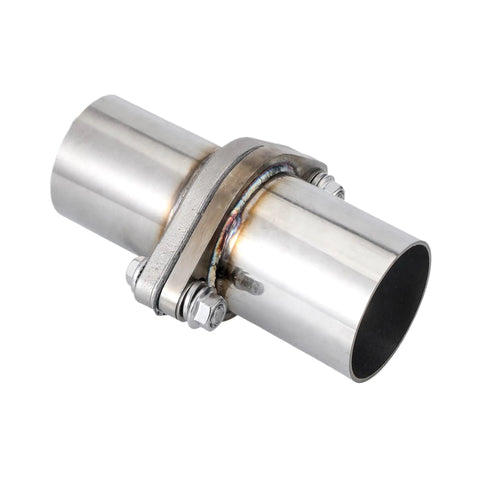 Stainless Steel Exhaust Flange Repair Pipe Kit 3 Inch OD With Gasket Bolts And Nuts Quick Grip Fit undercarriage muffler joiner tube close-up.