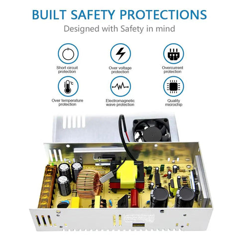 Internal view of Versatile 24V DC Power Supply 360W 15A with safety features and open casing showing circuits and components.