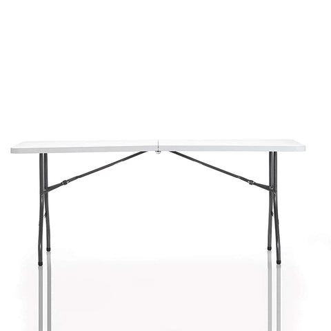 Six Foot Fold In Half Blow Molded Folding Table For Indoor And Outdoor Use With Comfort Handle Lightweight Plastic Top All Weather Ready