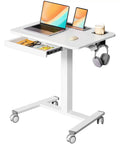 Mobile Standing Desk On Wheels With Drawer, 28 Inch Rolling Laptop Cart With Cup Holder And Hooks, Height Adjustable Workstation With Storage For Home Office, Portable White
