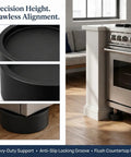 Heavy Duty Range Leveling Feet Risers Four Pack Stove Leg Extensions Adds Three Quarter Inch Lift To Smooth Out Uneven Floors And Kick That Stubborn Wobble Right Quick For Your Kitchen, black riser details and kitchen setting.