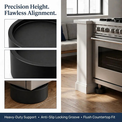 Heavy Duty Range Leveling Feet Risers Four Pack Stove Leg Extensions Adds Three Quarter Inch Lift To Smooth Out Uneven Floors And Kick That Stubborn Wobble Right Quick For Your Kitchen, black riser details and kitchen setting.