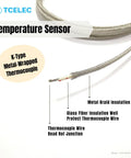 TCELEC K-Type thermocouple sensor probe, metal-wrapped with braided sheath and glass fiber insulation (side view)