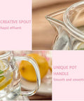 Sleek Heat Resistant Glass Teapot For Cold Brew And Hot Tea, Smooth Drip Pour Spout Juice Pitcher showing creative spout and comfy handle.