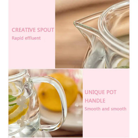 Sleek Heat Resistant Glass Teapot For Cold Brew And Hot Tea, Smooth Drip Pour Spout Juice Pitcher showing creative spout and comfy handle.