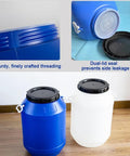 Go To Large Open Top Plastic Storage Barrel 30L HDPE Drum With Wide Mouth Screw Lid Blue and White Barrels Display