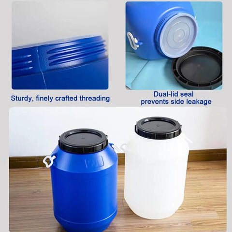 Go To Large Open Top Plastic Storage Barrel 30L HDPE Drum With Wide Mouth Screw Lid Blue and White Barrels Display
