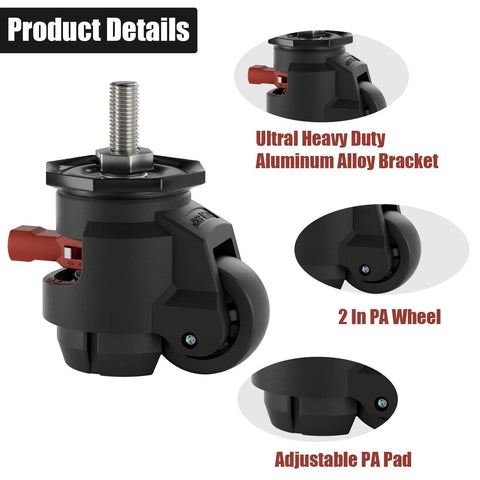 Built Tough Adjustable Leveling Casters Set Of Four With Two Inch Retractable Swivel Wheels For Rock Solid Stability And Easy Glide On Workbenches Or Heavy Machinery Handles 2200 Lbs: Close-up of heavy-duty aluminum bracket with adjustable PA wheel.