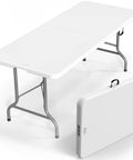 Six Foot Folding Table For Indoor Outdoor Use with smooth HDPE top, white surface, gray frame, and carrying handle, shown open and folded.