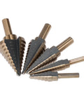 Rock Solid 5 Piece High Speed Steel Step Drill Bit Set With Round Shank For Carbon Steel Iron Aluminum PVC And Wood Featuring Double Groove Design Smooth Boring Tool Kit Heavy Duty Twist Drills That Make Quick Work Of Any Project., 5 HSS step drill bits with round shank