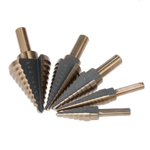 Rock Solid 5 Piece High Speed Steel Step Drill Bit Set With Round Shank For Carbon Steel Iron Aluminum PVC And Wood Featuring Double Groove Design Smooth Boring Tool Kit Heavy Duty Twist Drills That Make Quick Work Of Any Project., 5 HSS step drill bits with round shank