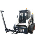 Beast Mode Sickle Bar Mower attached to skid steer loader, front view, 72-inch cutting length, 0.8-inch capacity, Gerotor motor drive.
