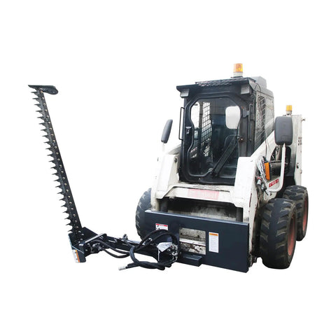 Beast Mode Sickle Bar Mower attached to skid steer loader, front view, 72-inch cutting length, 0.8-inch capacity, Gerotor motor drive.