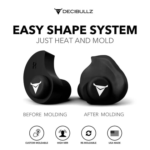 Custom Molded Reusable Earplugs For Noise Reduction 25 Decibel Level Block Out The City Chaos And Fly In Comfort With These Acoustic Filter Earplugs For Noise Sensitivity And Flights All Day Use Black, shown before and after molding.