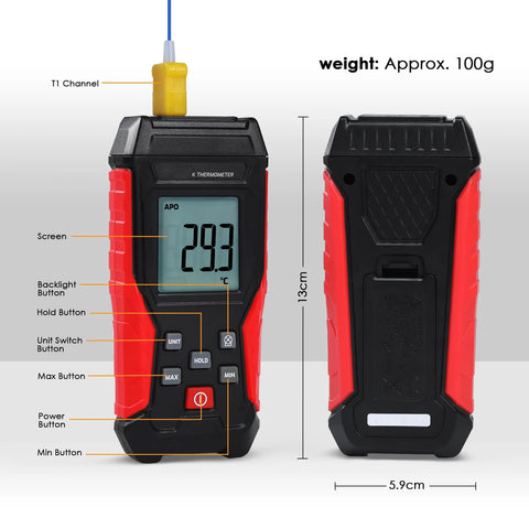 K-type thermocouple thermometer with LCD display, red and black handheld body and yellow probe; front and back views.