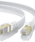 Cat 8 Ethernet Cable 6M 20Ft Ultra Fast Shielded 40Gbps 2000MHz Flat RJ45 Gigabit LAN Network Cable For Gaming, Streaming And Large File Transfers With Pure Copper Conductors And Minimal Interference, close-up view showing gold-plated connectors