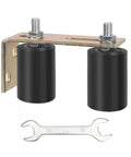 Universal Adjustable Heavy Duty Sliding Gate Rollers Kit with L Shaped Brackets shown with black rollers and wrench