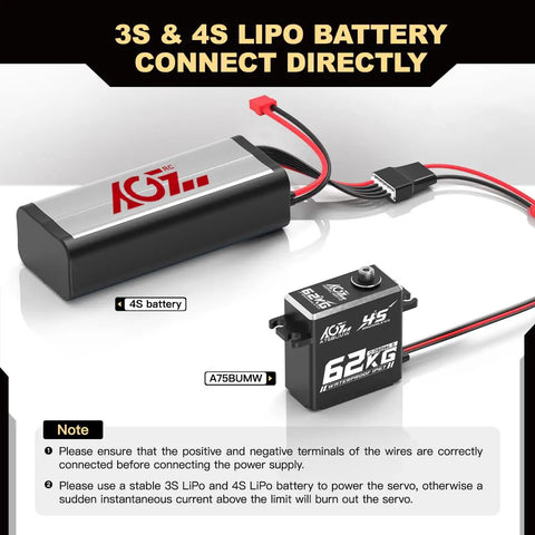 Beefy 62Kg Torque Waterproof Steering Servo For 1 By 10 And 1 By 8 Scale RC Cars 16V with 3S and 4S LiPo battery connection