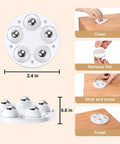 Diagram of Self-Adhesive Caster Wheels For Appliances showing installation steps: clean, remove film, stick and press, finish, with measurements.