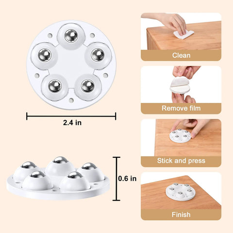 Diagram of Self-Adhesive Caster Wheels For Appliances showing installation steps: clean, remove film, stick and press, finish, with measurements.