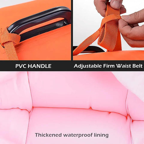 Swim Buoy For Open Water Swimmers With Adjustable Waist Belt Waterproof 28L Dry Bag showing handle and lining details
