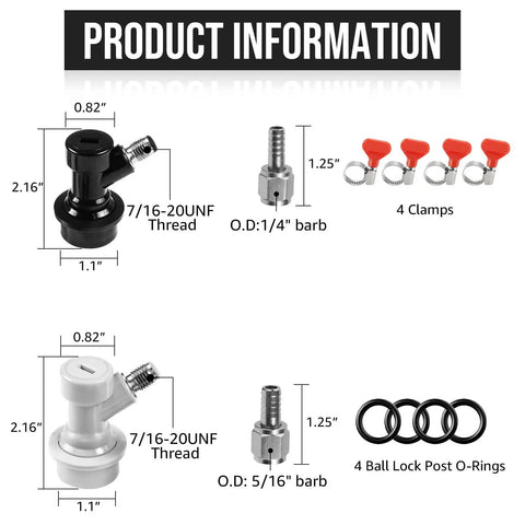 Ball Lock Keg Quick Disconnect Set With 5/16 Barb And 1/4 Barb Fittings, 2 Pairs, Leak-Proof Corny Keg Fittings Kit For DIY Homebrewing, Rotating Nut Adapter, Easy Gas And Liquid Line Connections, product information with black and white disconnects