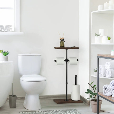 Freestanding Toilet Paper Holder With Shelf And Storage, Heavy Duty Industrial Style Bathroom Organizer For Restrooms, Dispenses Two Rolls Fast, Stashes Four In Reserve, Includes Phone Shelf For Wipes And Small Essentials next to white toilet in bathroom