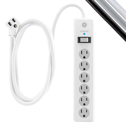 Long 15 Foot Heavy Duty Surge Protector Power Strip With Six Outlets Flat Plug 800 Joules Twist To Close Safety Covers ETL Listed White