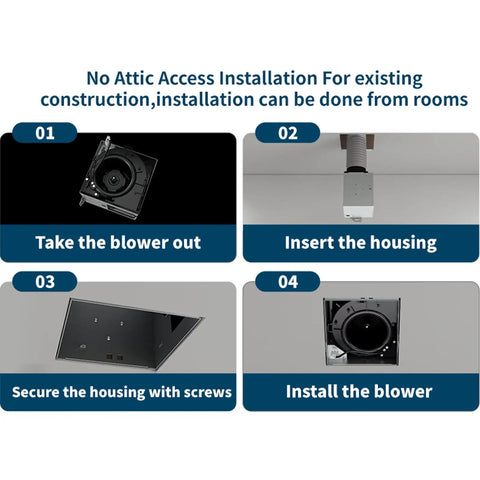 Installation steps for 90 CFM Very Quiet Bathroom Exhaust Fan With 1.2 Sone Noise And 4 Inch Duct No Attic Access Needed