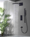Wall Mounted Concealed Shower System With All Copper Thermostatic Valve Slick Matte Black Finish In Wall Waterfall Rain Shower Set with smooth water flow.