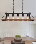 Rustic Farmhouse Kitchen Island Pendant Light With Five Lights Linear Chandelier In Black With Retro Wood Finish Industrial Vibe