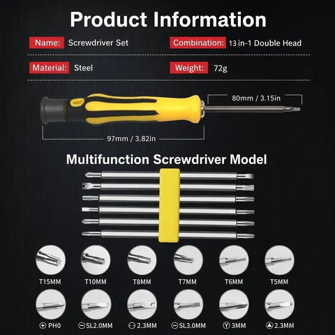 Durable 13 In 1 Screwdriver Set With Magnetic Multitool Bits And Tough CRV Steel Offers A Slick Grip For Hella Quick Repairs On Furniture Computers Bikes And Everyday Tech Gear, showing bits and handle.