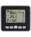 Front view of Ultrasonic Liquid Sensor For Water Tank Depth Level Meter With Temperature Display Three Point Three Inch LED Display Easy Setup No Fuss Plug And Play High Low Alarm Min Max Records Indoor Temperature Readout.
