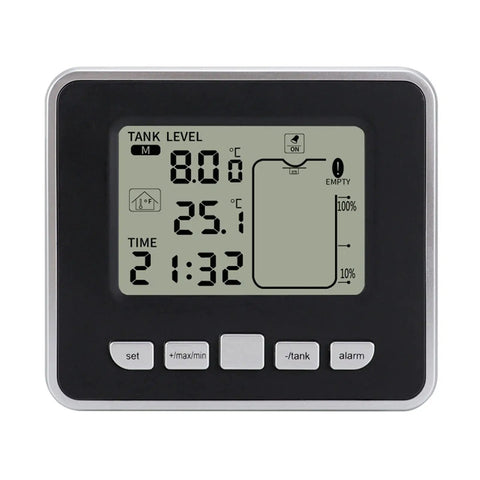 Front view of Ultrasonic Liquid Sensor For Water Tank Depth Level Meter With Temperature Display Three Point Three Inch LED Display Easy Setup No Fuss Plug And Play High Low Alarm Min Max Records Indoor Temperature Readout.