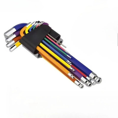 Top Notch Metric Ball End Hex Key Set With Heavy Duty Allen Wrenches For Tough Repairs And Precise Tightening In Hard To Reach Spots Around The Garage Or Shop, colored metal set