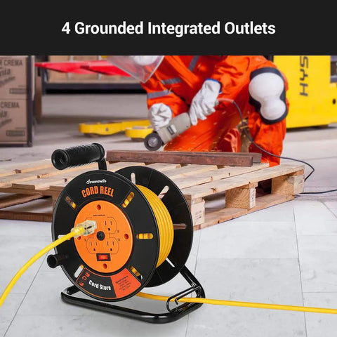 Extension Cord Storage Reel With 4 Grounded Outlets in workshop, heavy duty open cord reel for 12/3 14/3 16/3 gauge power cords