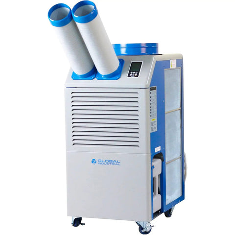 16800 BTU Portable Air Conditioner With Washable Filters And Dual Cold Air Nozzles Cools Rooms Up To 440 Square Feet on wheels.