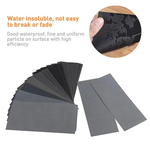 20 Sheets 9x3.6 Inch Dry And Wet Sandpaper Kit With Silicon Carbide, assorted colors displayed in fan shape on surface.