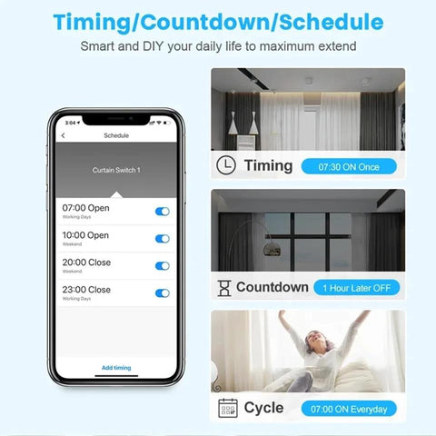 Yitouniu EWeLink motor controller app interface on smartphone showing Timing, Countdown and Cycle scheduling