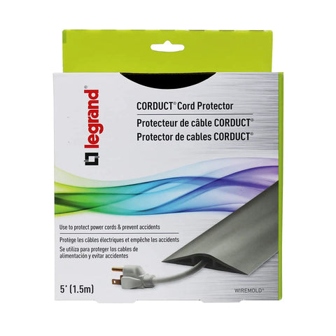 Packaging of Floor Cord Management Kit With Corduct Cord Protector Wire Organizer And Hider Rubber Cable Cover Concealer Gray Five Feet Long Model CDG5 Trip Free Cable Concealer For TV Desk And Home Entertainment.