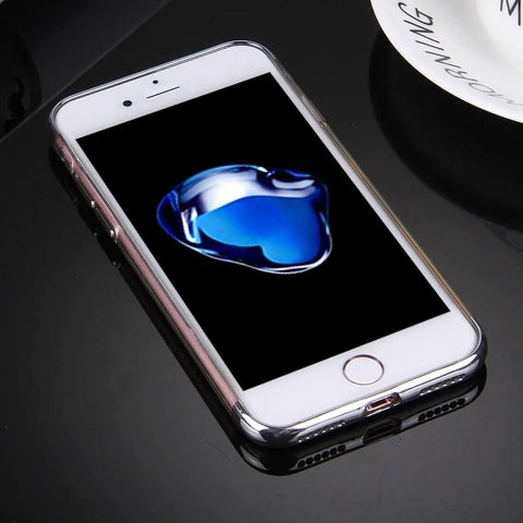 Smartphone with screen displaying a blue abstract design on a shiny black surface
