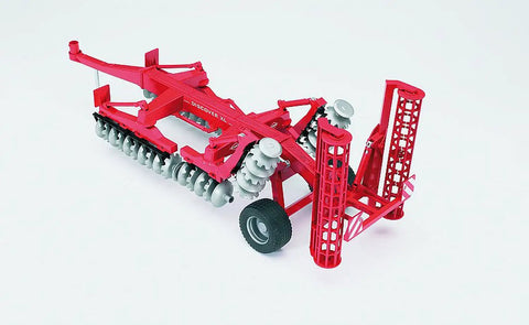 Disc Harrow Tractor Attachment 1:16 Scale Red Farm Equipment Toy with folding frame and spinning discs for Bruder tractors.