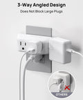Compact 4 Socket Wall Outlet Extender With Surge Protector Plug And Play Multi Plug Adapter For Dorm Or Home No Sweat Charging Station White in angled design.