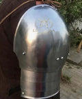 Side view of Rugged Medieval Pauldrons Shoulder Armor For Knights, Steel Armor For SCA And LARP with leather straps and buckles