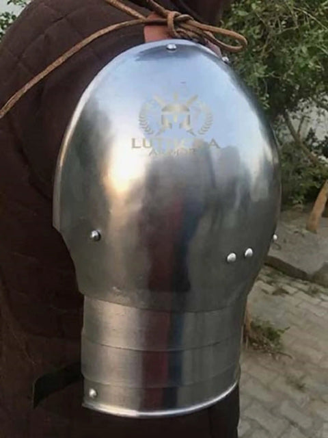 Side view of Rugged Medieval Pauldrons Shoulder Armor For Knights, Steel Armor For SCA And LARP with leather straps and buckles