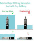 Water level guidelines for 24V Stainless Submersible Deep Well Pump With 3 Inch Bore 260W Solar DC Power 2300 L/H Flow 173.9 Ft Head